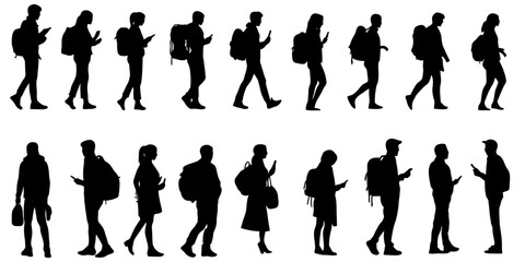 Young individuals with backpacks walking in various poses within an urban environment