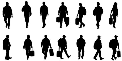Silhouettes of travelers with suitcases walking in various directions representing journeys and adventures