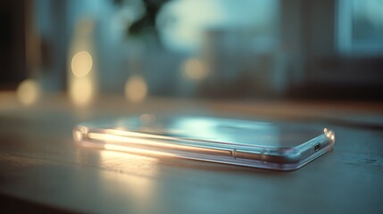 A smartphone rests on a wooden surface, capturing a soft glow of morning light, representing modern connectedness in a calm, reflective setting.