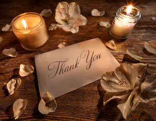 Generated Image of A beautifully designed thank you card resting on a rustic wooden table, surrounded by soft flower petals and warm candlelight. The card features elegant calligraphy and embossed gol
