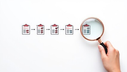 Document review and quality control process. A hand holding magnifying glass focuses on completed checklist in document workflow, symbolizing quality control, verification, and approval. Certificate