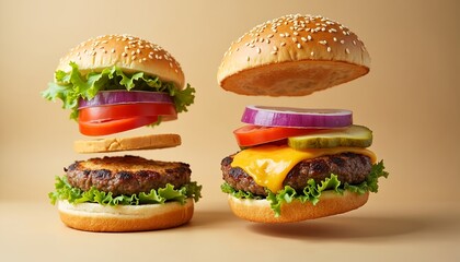 Creative Food Photography of Deconstructed Cheeseburgers with Ingredients Floating in Air Against Beige Background