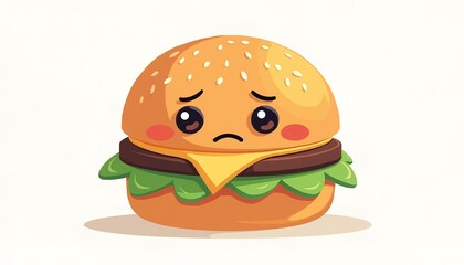 Cute Cartoon Illustration of Melancholic Hamburger Character with Expressive Face and Rosy Cheeks