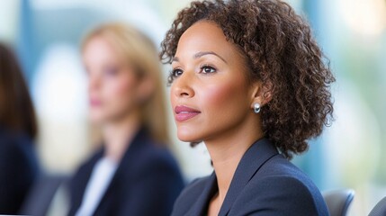 Obraz premium female job recruiters reviewing conducting an interview with focused, thoughtful expressions, conveying the importance of the selection hiring process. 