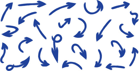 Collection of hand-drawn blue arrows with curved and straight directions