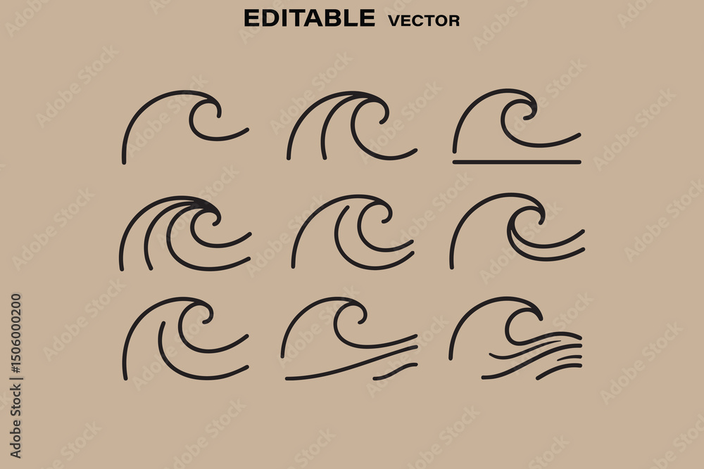Poster set of simple wave line art vector illustrations on a neutral background editable and scalable