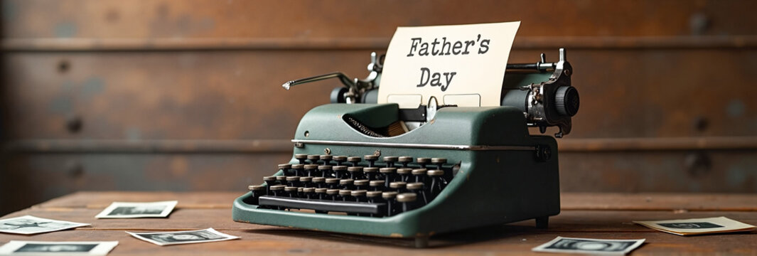 Vintage typewriter displaying "Father's Day" surrounded by old photographs on a rustic wooden table, nostalgic celebration concept.