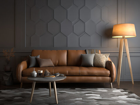 Contemporary interior design with comfortable armchair, sofa, and modern lamp in a luxurious living room