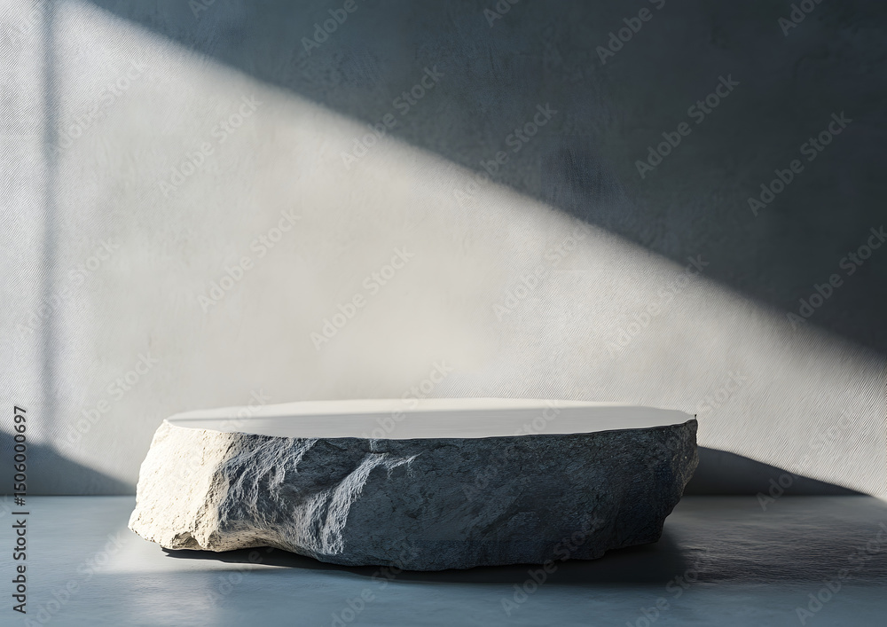 Poster minimalist stone podium for product display on grey background with soft lighting and subtle texture