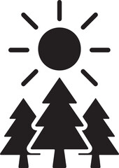 Silhouette vector of a forest with sun rays shining through trees, symbolizing natural beauty, peace, and environmental harmony.