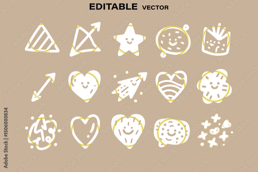 Poster playful vector icon set featuring abstract shapes and smiling faces for whimsical design projects