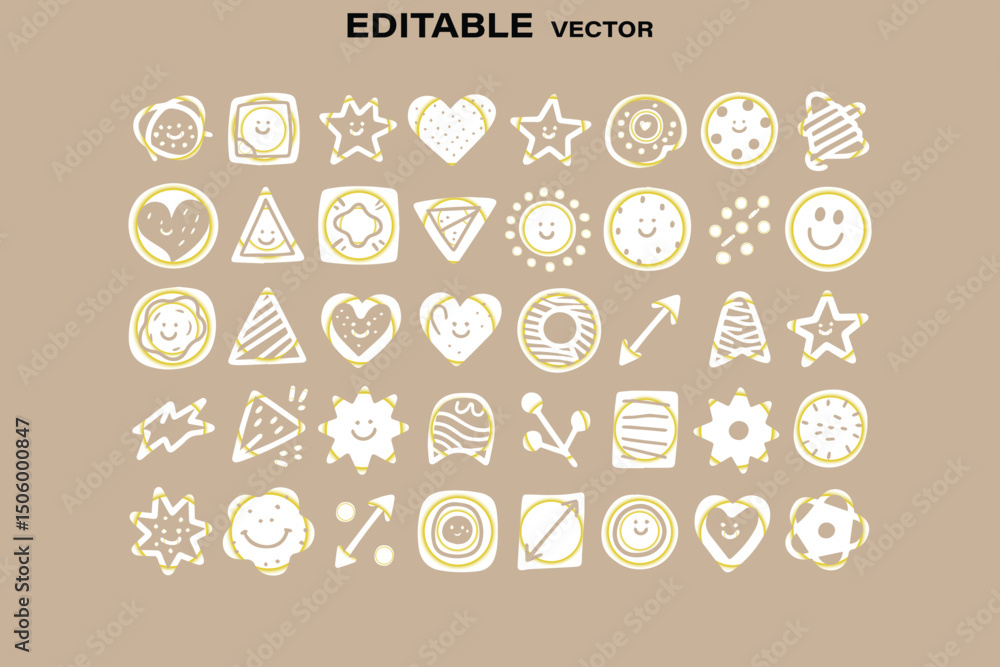 Poster collection of fun hand drawn shapes with smiling faces in white and yellow color scheme