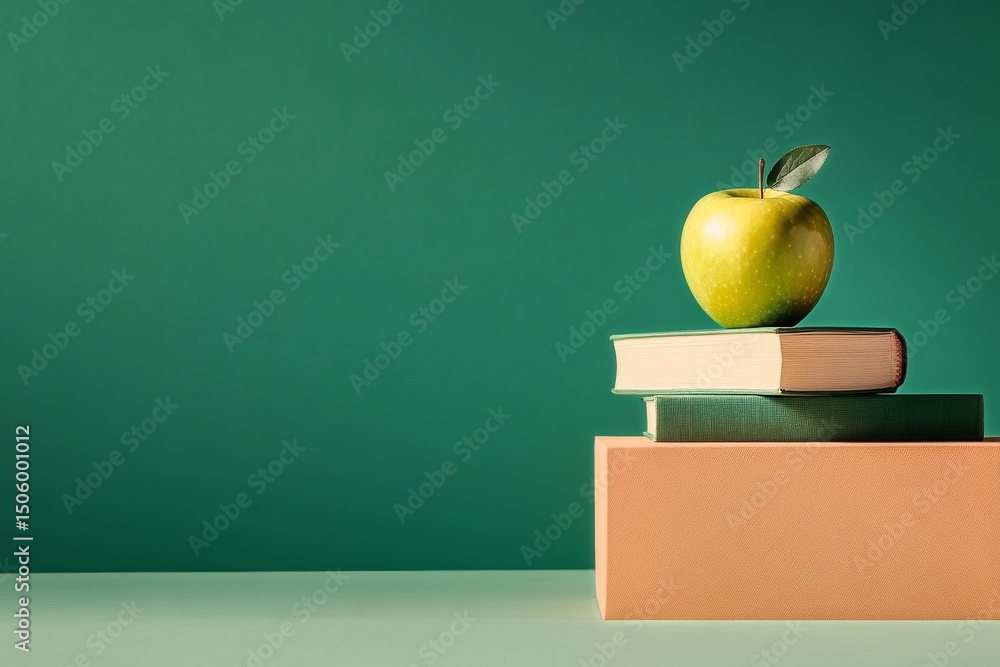 Poster green apple on stacked books against a solid color background in a minimalist setup