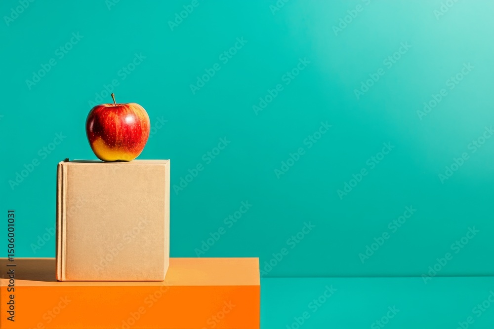 Poster green apple on stacked books against a solid color background in a minimalist setup.