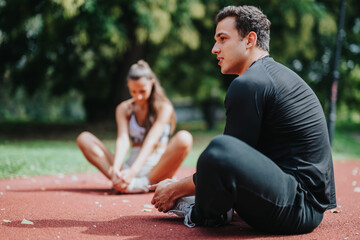 Two fitness enthusiasts are seen working out together on an outdoor track, fostering friendship and...