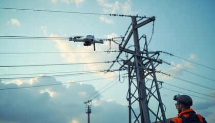 Drone Inspecting Power Lines Near Utility Worker