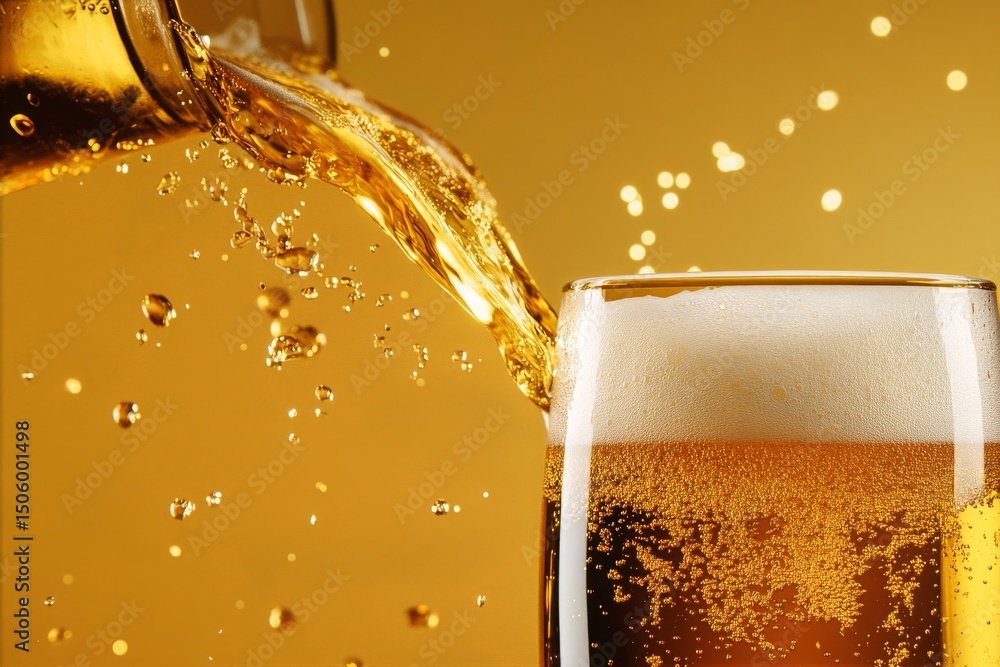 Poster golden beer flowing with frothy foam and sparkling bubbles in a festive atmosphere.
