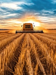 Combine Harvester in Wheat Field at Sunset