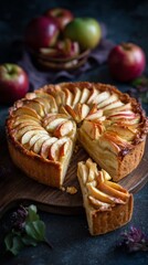 Delicious Homemade Apple Tart With Fresh Apples on a Wooden Table.