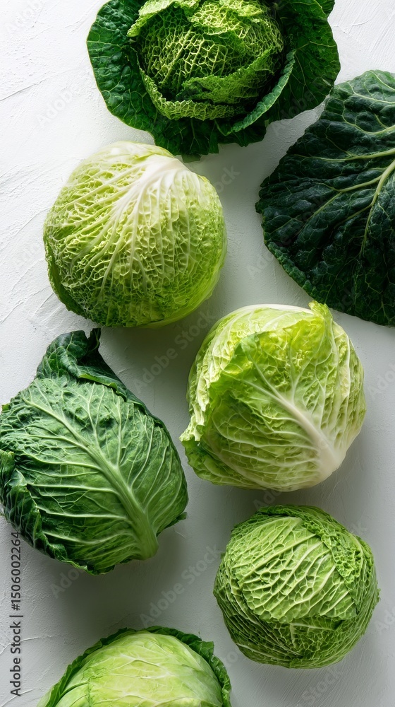 Aufkleber fresh green cabbage varieties displayed on a light surface in a rustic kitchen setting