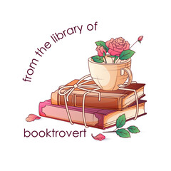 Ex-libris (book sign). Composition of stack of books with rope and cup with rose flowers isolated on white. Colorful vector illustration. Book lover, bookshop, library concept.