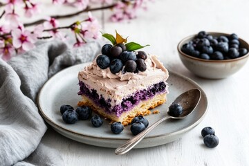 Delicious Blueberry Cake Served With Fresh Blueberries and Mint on a White Table.