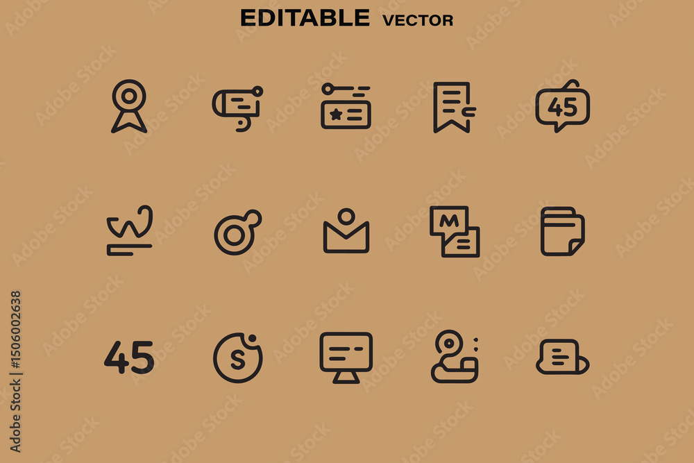Poster set of vector icons representing business finance and communication in a simple line style