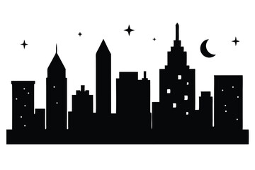 Obraz premium Urban cityscape vector silhouette illustration with towering buildings and a night sky view