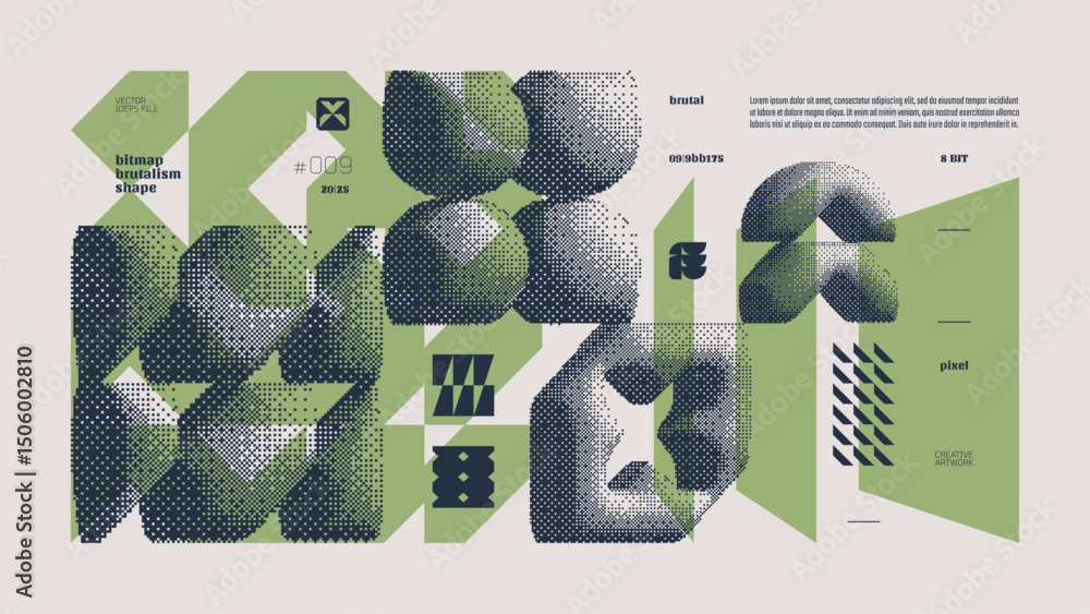 Poster Dithering bitmap abstract vector color background with Postmodern geometric graphic brutalism shapes, Y2K bold vector pixelated modernism artwork banner inspiration retro 8-bit aesthetic, asparagus 10
