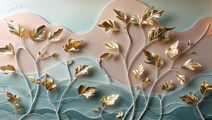  Elegant golden floral stems bloom across a dreamy abstract background of beige and sky blue, blending art and nature beautifully.