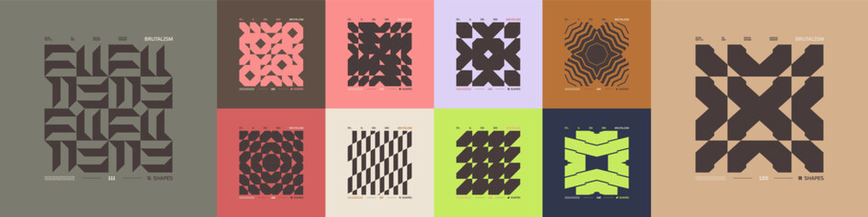 Kit of Postmodern geometric compositions with abstract shapes in brutalism aesthetics, mosaic of brutal figures, trendy color retro futuristic elements, vector modernist ornament, cards art 12
