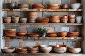 Shelf full of terracotta dishes high resolution picture