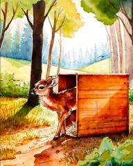 animals An illustration of a small deer being released into the forest, returning to freedom. The illustration is in watercolor style.
