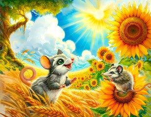 two little pigs Playful Mice in a Sunny Sunflower Field – Whimsical Illustration