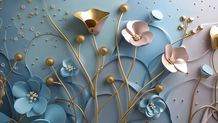 Artistic 3D render of abstract calla lilies in gold and blue, with floating elements and modern design, ideal for floral luxury decor.