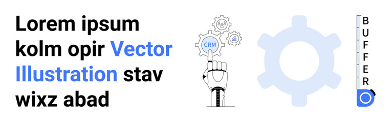 Hand holding gears with CRM, large gear in background, buffer gauge. Ideal for marketing, automation, data management, process enhancement, CRM setup, technology simple landing page