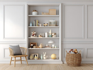 Vintage wooden kitchen interior with antique cupboards and shelves displaying glass jars of canned food