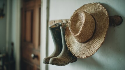 A pair of muddy boots and a straw hat on a hook evoke rustic comfort and simplicity in a warm-toned room.