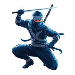 A cartoon ninja boy in a blue suit shows active sport with his sword