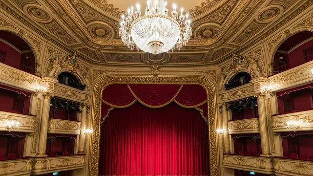 Elegant theater interior with grand chandelier and red curtains capturing majestic ambiance