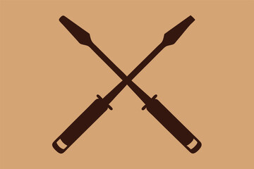 sketch of two crossed paint brushes, minimalist art, black silhouette on beige background, flat design, vector illustration
