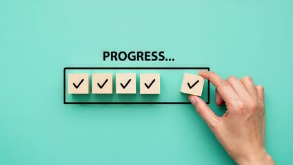 Checklist and task progress tracking concept. A hand placing the final checkmark on wooden blocks in a progress bar, task completion, productivity, goal setting, and efficient project management.