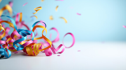 Colorful streamers scattered across a light blue background