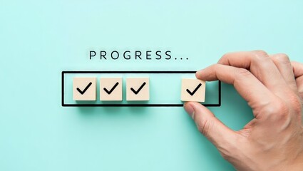 Checklist and task progress tracking concept. A hand placing the final checkmark on wooden blocks in a progress bar, task completion, productivity, goal setting, and efficient project management.