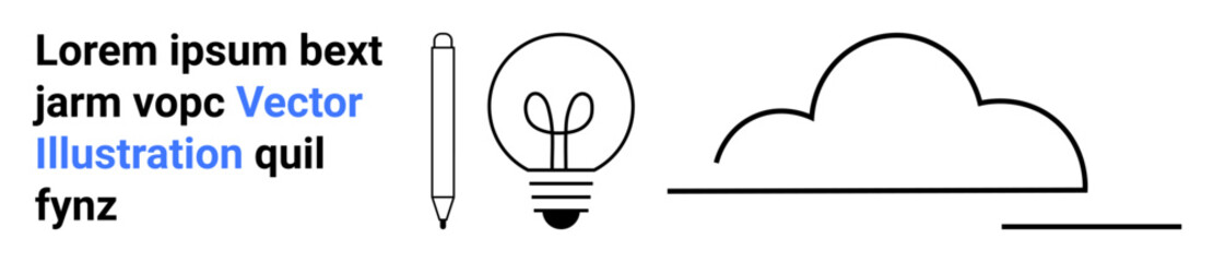 Pencil next to lightbulb, placeholder text, and minimal abstract cloud. Ideal for creativity, innovation, writing, brainstorming, ideas, education business simple landing page