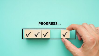 Checklist and task progress tracking concept. A hand placing the final checkmark on wooden blocks in a progress bar, task completion, productivity, goal setting, and efficient project management.
