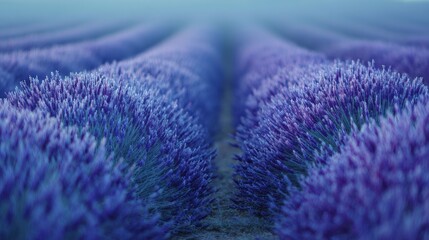 Fototapeta premium A lavender field in bloom stretches endlessly, with dense purple flowers forming rows that create a hypnotic pattern in the cool, misty air.