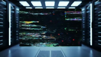 Floating cube of abstract data with colorful digital glitch and motion lines in futuristic server room, showing information and network concept, animation footage. - Powered by Adobe