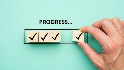 Checklist and task progress tracking concept. A hand placing the final checkmark on wooden blocks in a progress bar, task completion, productivity, goal setting, and efficient project management.