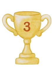 Colorful watercolor trophy with number three for school celebrations and awards